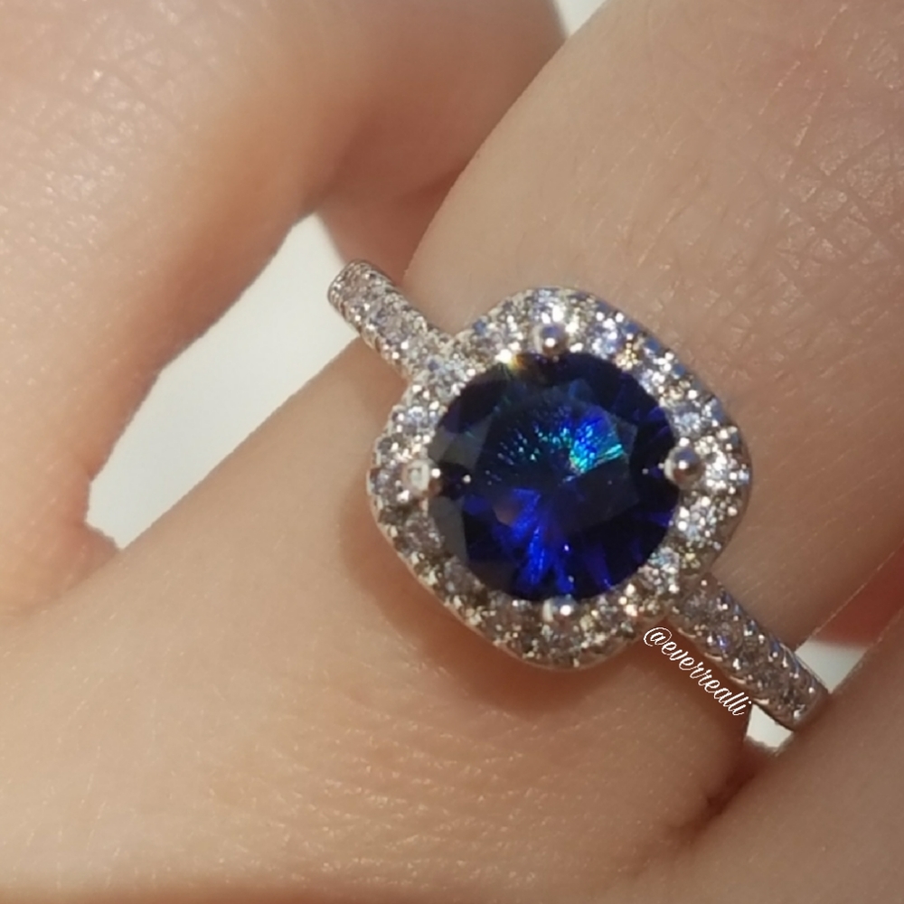 NEW Round Dark Blue Sapphire & Diamond Halo Ring - Picture 7 of 7